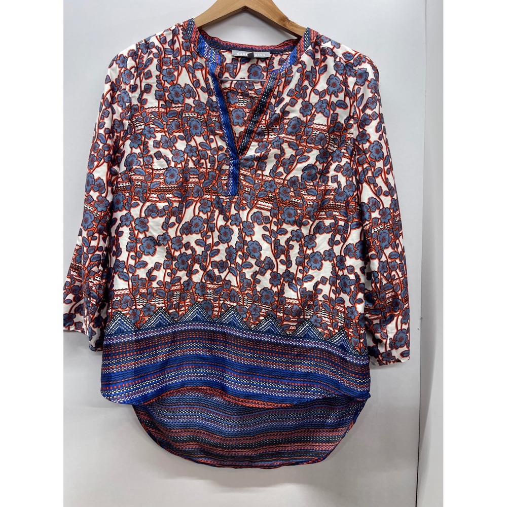 Daniel Rainn Womens Blue Orange Floral Split Neck‎ High Low Blouse Size M